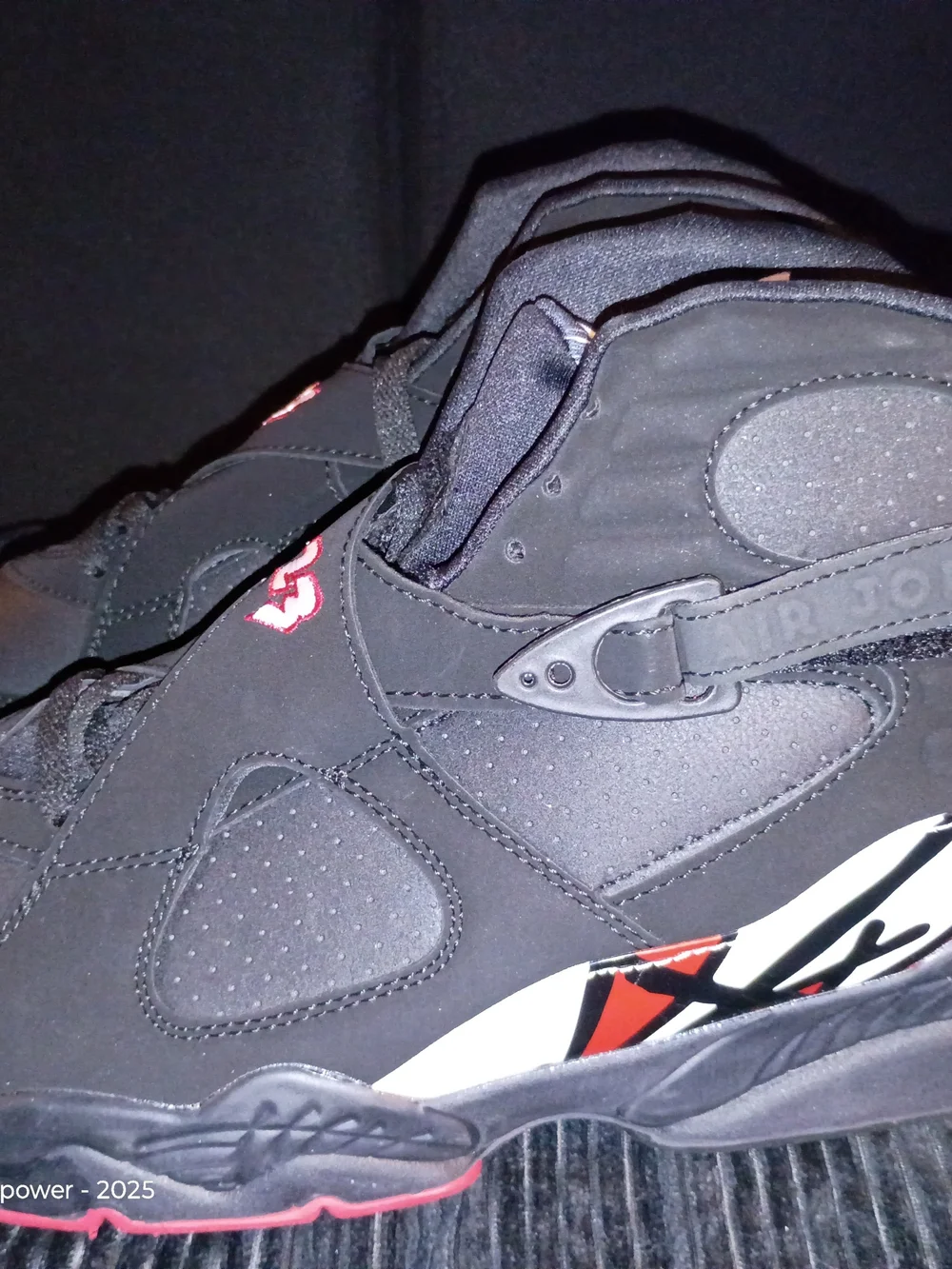 Black Nike Air Jordan 8s Athletic Shoes with Red And Blue Accent -
